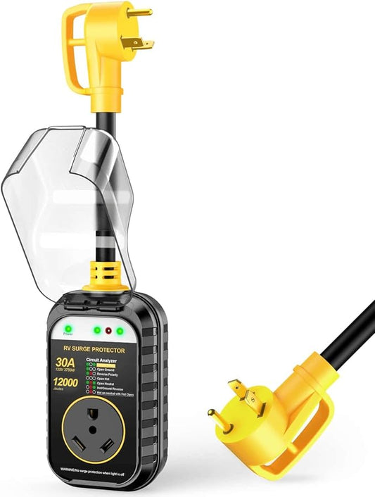 GEARGO RV Surge Protectors 30 Amp, 12000 Joules RV Circuit Analyzer, IP68 Surge Voltage Protection, RV Adapter Plug for Camper (Yellow)