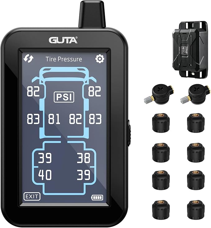 GUTA Tire Pressure Monitoring System, Full-Color Touchscreen RV TPMS with 2 Flow Thru & 8 Cap Sensors, 6 Alert Modes, Signal Booster, Tire Pressure Monitor for Trailer, Camper, 5th Wheel (0-188PSI)