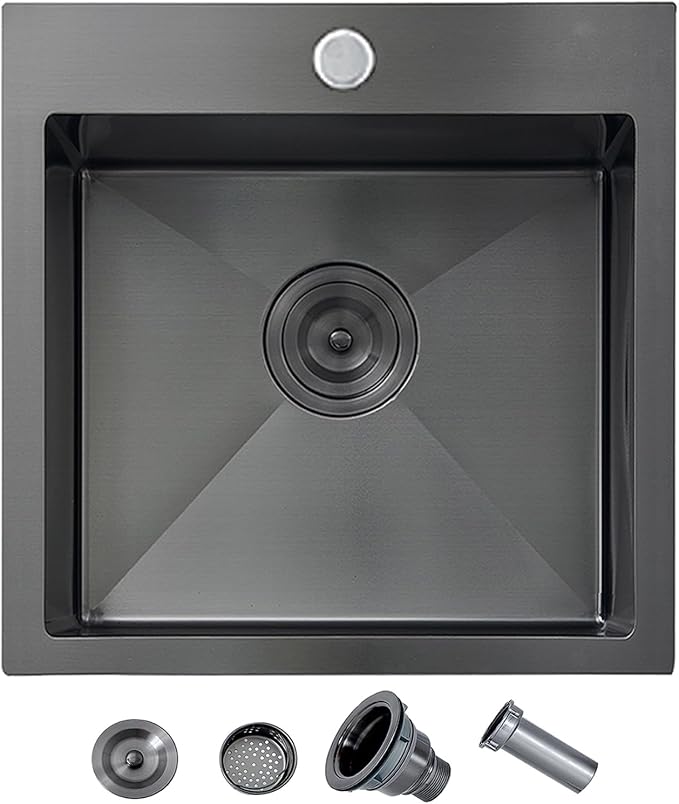 15x15 Drop In Bar Sink Black,15 Inch Square Gunmetal Black Wet Bar RV Laundry Utility Outdoor Prep Small Sink, Topmount 18 Gauge Stainless Steel Single Bowl with Drain