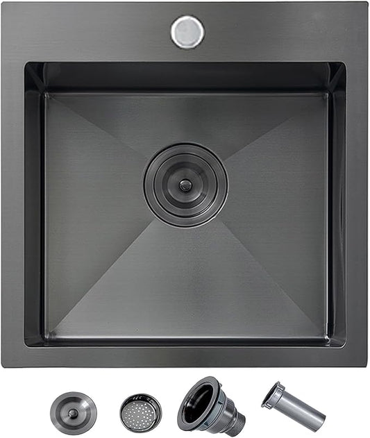 15x15 Drop In Bar Sink Black,15 Inch Square Gunmetal Black Wet Bar RV Laundry Utility Outdoor Prep Small Sink, Topmount 18 Gauge Stainless Steel Single Bowl with Drain
