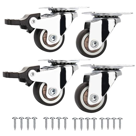 1" Low Profile Small Caster Wheels Set of 4 (2 Brakes+2 Non) 100 lbs Capacity,Quiet TPR Rubber Casters for Furniture, Cabinets&Laundry Carts, 360° Swivel, Scratch-Proof Floors