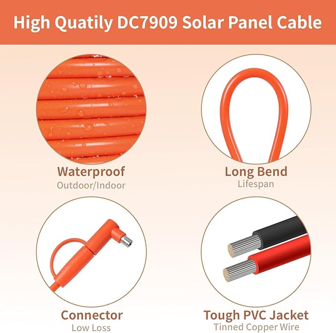 Solar Connector to DC 8mm Adapter Cable 50FT, 12AWG + 14AWG Tinned Copper Wire with DC7909 to DC8020 Adapter, Heavy Duty Charging Cable for Portable Power Station, RV, Outdoor Camping