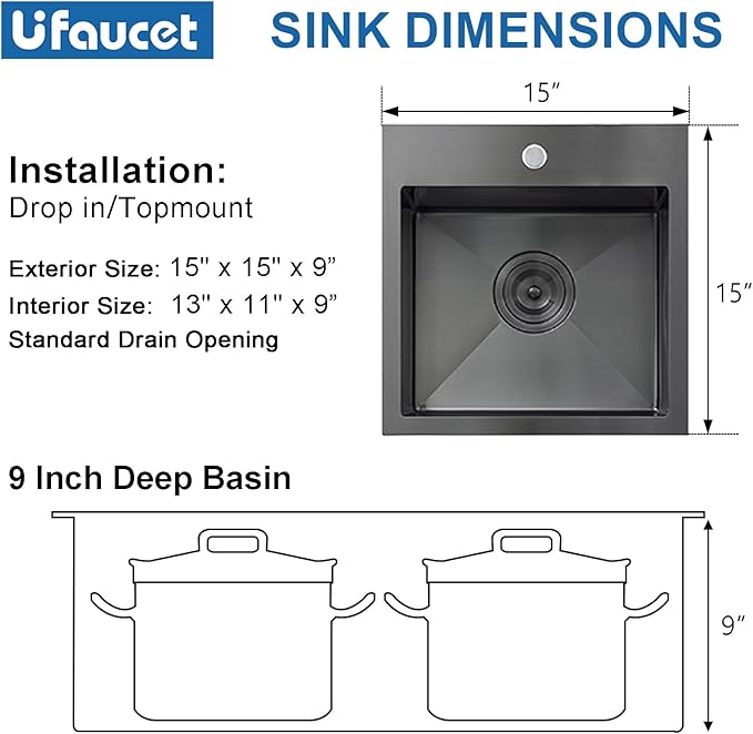 15x15 Drop In Bar Sink Black,15 Inch Square Gunmetal Black Wet Bar RV Laundry Utility Outdoor Prep Small Sink, Topmount 18 Gauge Stainless Steel Single Bowl with Drain