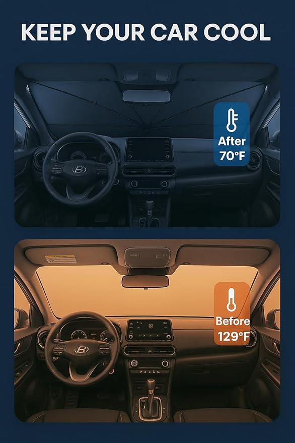 Proadsy Windshield Sun Shade Umbrella for Hyundai Kona 2018-2023 Foldable Car Umbrella Sunshade with Soft TPU Handle Spring Structure Crystal Cooling Material Protect Car from Rays & Heat