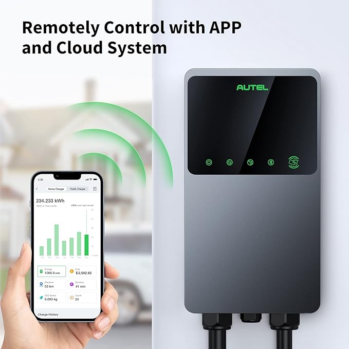 Autel MaxiCharger Home Electric Vehicle (EV) Charger, up to 40 Amp, 240V, Level 2 WiFi and Bluetooth Enabled EVSE, NEMA 6-50 Plug, Indoor/Outdoor, 25-Foot Cable with Separate Holster, Dark Gray