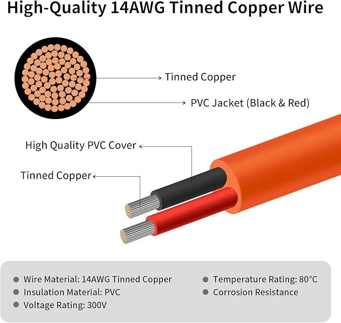 Solar Connector to DC 8mm Adapter Cable 20FT, 12AWG + 14AWG Tinned Copper Wire with DC7909 to DC8020 Adapter, Heavy Duty Charging Cable for Portable Power Station, RV, Outdoor Camping