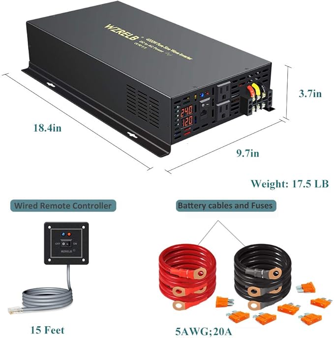 WZRELB 4000W 24VDC 120VAC Pure Sine Wave Power Inverter, 2 AC Outlets, Wired Remote Control, RV
