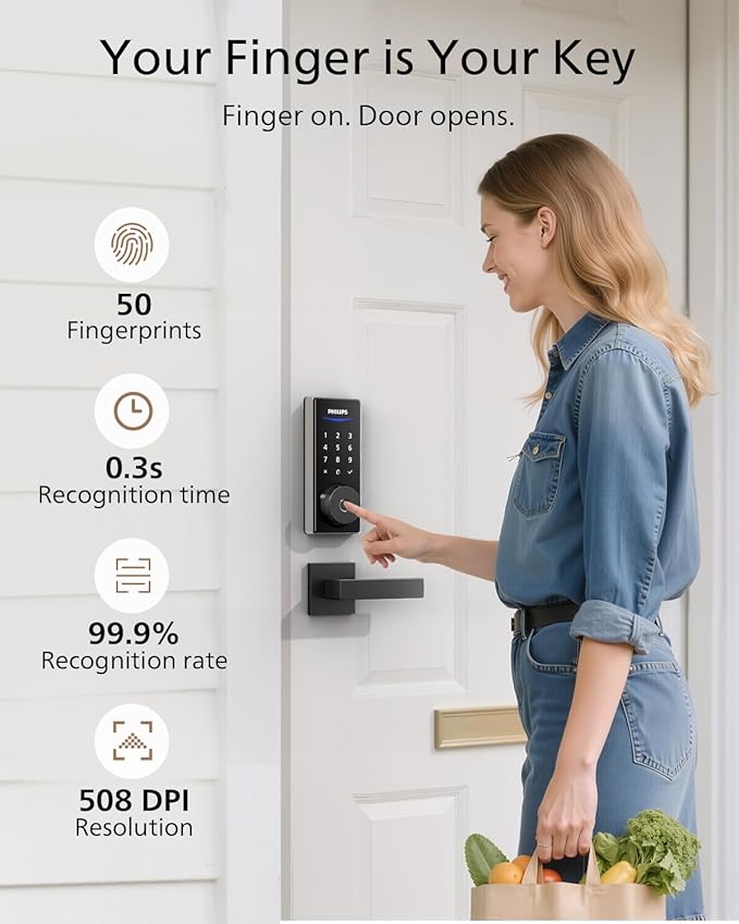 Philips Fingerprint Smart Lock, Keyless Entry Door Lock, Smart Door Locks for Front Door, Keypad Deadbolt, APP Control, 9-Month Long Battery
