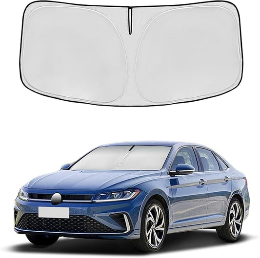 Windshield Sun Shade for VW Jetta 2019-2025 Double Layer 240T Front Window Shade Custom Fit Jetta Sun Visor Foldable Shade Blocks UV Rays Summer Must Have Car Accessories