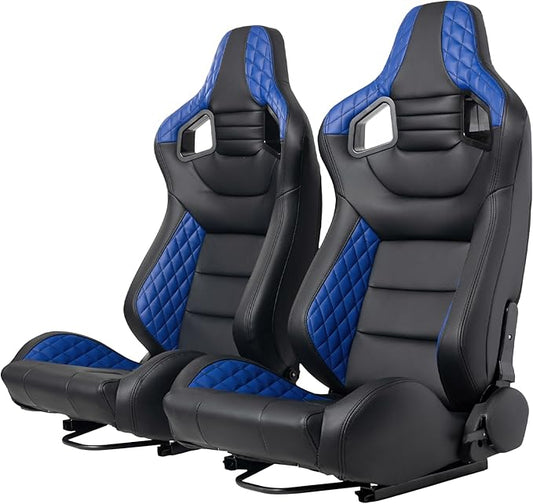 1 Pair Universal Racing Seats with Dual Lock Sliders, Black Blue High-Resistance Eco-leather Bucket Racing Seats, 165° Adjustment, For Car Use, Not Including Seat Bracket