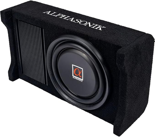 Alphasonik AS80A 8" 600 Watts with a Built-in Amplifier Down-Firing Shallow Mount Enclosed for Tight Spaces in Cars and Trucks, Slim Thin Loaded Subwoofer Air Tight Sealed Bass Enclosure