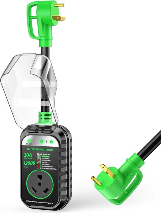 GEARGO RV Surge Protectors 30 Amp, 12000 Joules RV Circuit Analyzer, IP68 Surge Voltage Protection, RV Adapter Plug for Camper (Green)