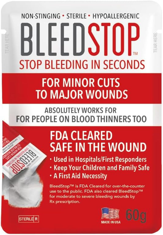 BleedStop™ First Aid Powder for Blood Clotting, Trauma Kit, Blood Thinner Patients, Camping Safety, and Survival Equipment for Moderate to Severe Bleeding Wounds or Nosebleeds - 1 (60g) Pouch