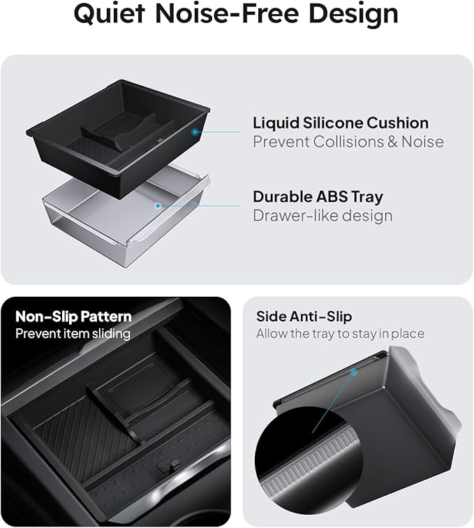 Wigoo Tesla New Model Y Juniper & Model 3 Center Console Organizer [Double Layer Space, Slide Smoothly] Model 3 (2024~2025)/New Model Y Juniper Accessories, 4PCS Black