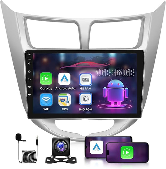 Wireless Carplay Car Stereo for Hyundai Accent 2010-2016 Android Auto, [8 Core 4G+64G] 9-Inch Touch Screen Car Radio with DSP/BT/WiFi/Mirror Link/GPS+Rear Camera