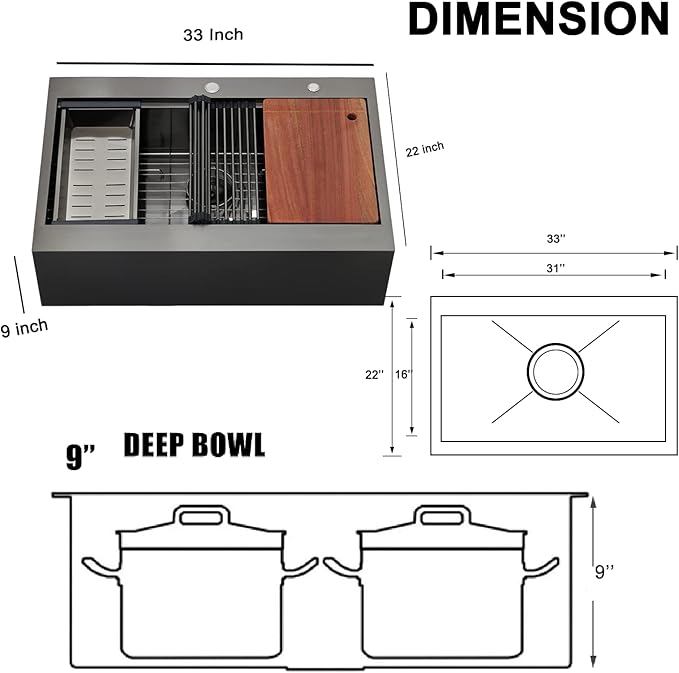 33 Inch Drop In Farmhouse Sink Black, 33x22 Inch Gunmetal Black Top Mount Farmhouse Kitchen Single Bowl, Topmount Apron Front Stainless Steel Farm Sink Workstation