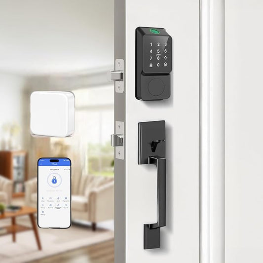 WiFi Smart Door Lock Keyless Entry with Gateway and Handles Fingerprint Touchscreen Keypad IC Card Key APP Type-C Charging Unlocking 6 in 1 Electric Biometric Digital Deadbolt for Front Doors