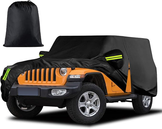 Waterproof Car Cover for Jeep Wrangler 2 Door 1987-2025 JK JL CJ YJ TJ Outdoor Sun Rain Snow Hail Protection with Driver Door Zipper