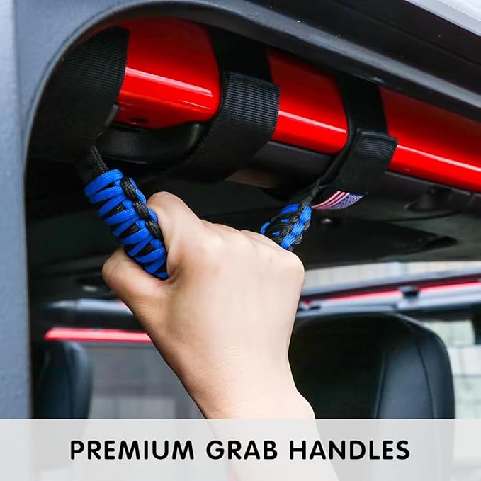 HZEL 2PCS Roll Bar Grab Handles, Oxford Cloth Upgrade Metal Buckle Paracord Grip Handles, Durable and Strong Car Accessories, Compatible with Wrangler JL, JLU, JT, JK, JKU, TJ, LJ and YJ (Blue)