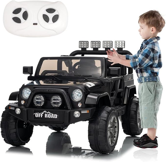 2 Seater Electric Car for Kids - Ride On Truck Car with Parent Remote Control,LED Lights, Bluetooth, Music & Horn, 20“Spacious Seat for Boy Girl Christmas & Birthday Gift (Black, 12V)