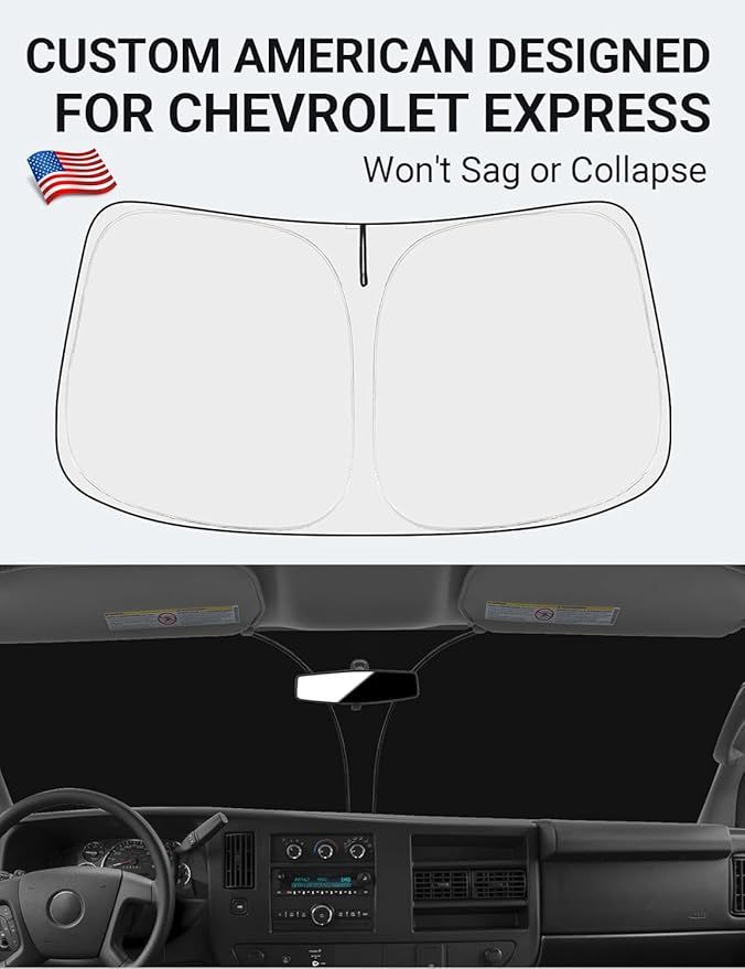 Proadsy 2025 Upgrade Windshield Sun Shade Custom Fit 1996-2025 Chevrolet Express Cargo Van, 1500, 3500, 4500 4-Layer Foldable Front Sunshade Protector Sun Visor Blocker Keep Car Cooler Accessories