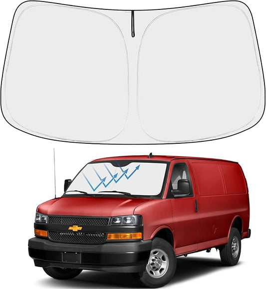 Proadsy 2025 Upgrade Windshield Sun Shade Custom Fit 1996-2025 Chevrolet Express Cargo Van, 1500, 3500, 4500 4-Layer Foldable Front Sunshade Protector Sun Visor Blocker Keep Car Cooler Accessories