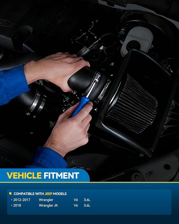 PHILTOP Cold Air Intake Black Tube + Heat Shield Compatible With Jeep Wrangler 2012-2017, Jeep Wrangler JK 2018, Black