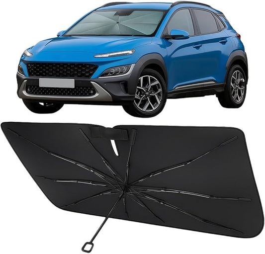Proadsy Windshield Sun Shade Umbrella for Hyundai Kona 2018-2023 Foldable Car Umbrella Sunshade with Soft TPU Handle Spring Structure Crystal Cooling Material Protect Car from Rays & Heat
