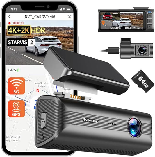 4K+2K Car Camera Dash Cam Front and Rear, 4K+2K 2 Dual STARVIS Dash Cam for Cars, 170° Wide Angle Car Camera with HDR, 5GHz WiFi GPS, Night Vision, 24H Parking Mode, 64GB Card Included