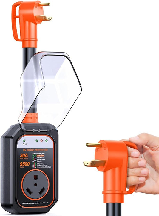 GEARGO RV Surge Protector 30 Amp, 9500 Joules RV Circuit Analyzer, IP68 Surge Voltage Protection, RV Adapter Plug for Camper (Orange)