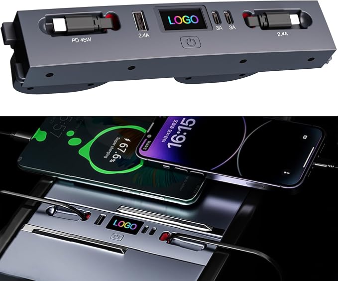 USB Hub for 2025 2026 Tesla Model Y Juniper 2024 2025 Tesla Model 3 Highland, Retractable Cable Fast Car Phone Charger, Tesla Center Console Accessories (Retractable Type-C & Lightning)