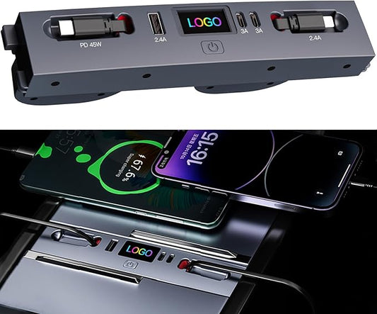 USB Hub for 2025 2026 Tesla Model Y Juniper 2024 2025 Tesla Model 3 Highland, Retractable Cable Fast Car Phone Charger, Tesla Center Console Accessories (Retractable Type-C & Lightning)