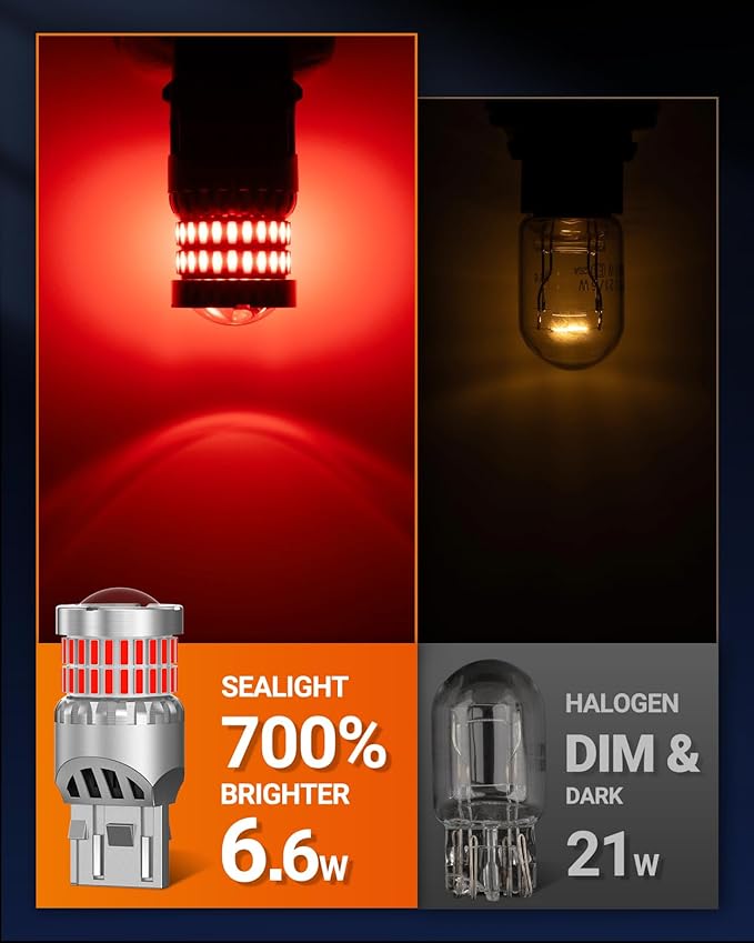 SEALIGHT 7440 7443 LED Bulbs Red for Brake Lights, Upgraded T20 7444 7441 W21W 992 7443NA LED Bulb 56-SMD with Projector Lens for Stop Tail Lights, Pack of 2
