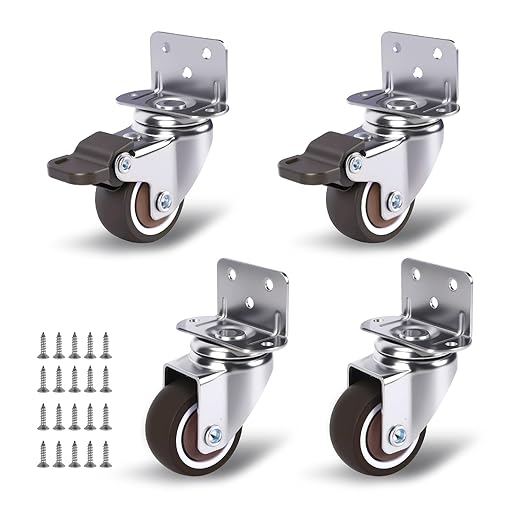 1 Inch Small Caster Wheels Set of 4, L-Bracket Casters Low Profile Side Mount Casters, Swivel Rubber Castors for Furniture, Underbed Drawer, DIY Project, Capacity Lbs: 97 Lbs (with 2 Brakes)