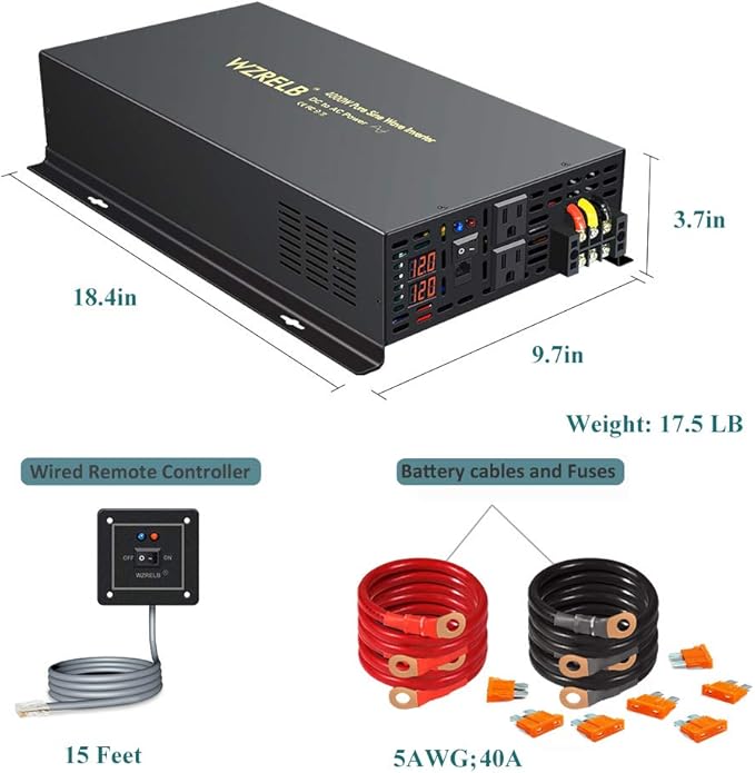 WZRELB 4000W 12VDC 120VAC Pure Sine Wave Power Inverter, 2 AC Outlets, Wired Remote Control, RV (RBP-400012WR)