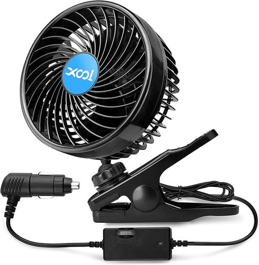 XOOL 12V 6'' Car Fan, Clip Fan 360 Degree Rotatable Car Fan Cooling Air Fan with Stepless Speed Regulation & Cigarette Lighter Plug for SUV, RV, Vehicles