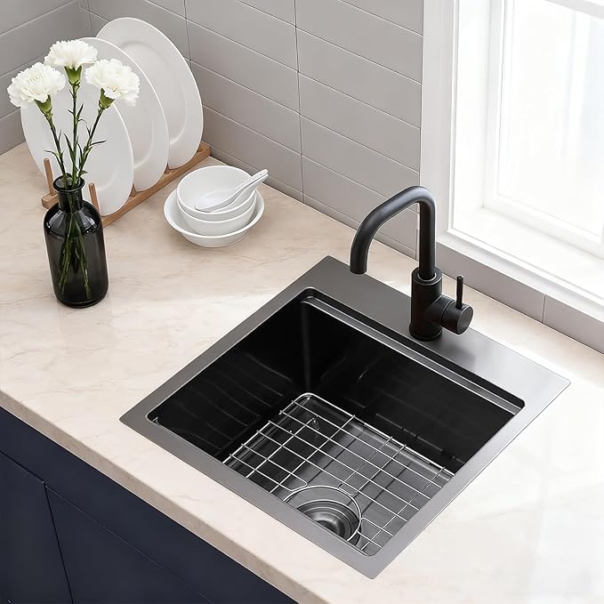 Gunmetal Black 18x18 Drop In Bar Sink, Stainless Steel Workstation Topmount Kitchen Prep RV Sink with Cutting Board, 9 Inch Deep Single Bowl