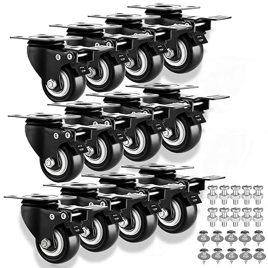 1.5" Casters Set of 12 Heavy-Duty Industrial Caster Wheels PU No Noise Wheels with Double Locking and Double Ball Bearing, Swivel Casters for Workbench, Furniture, Plate Castors Black