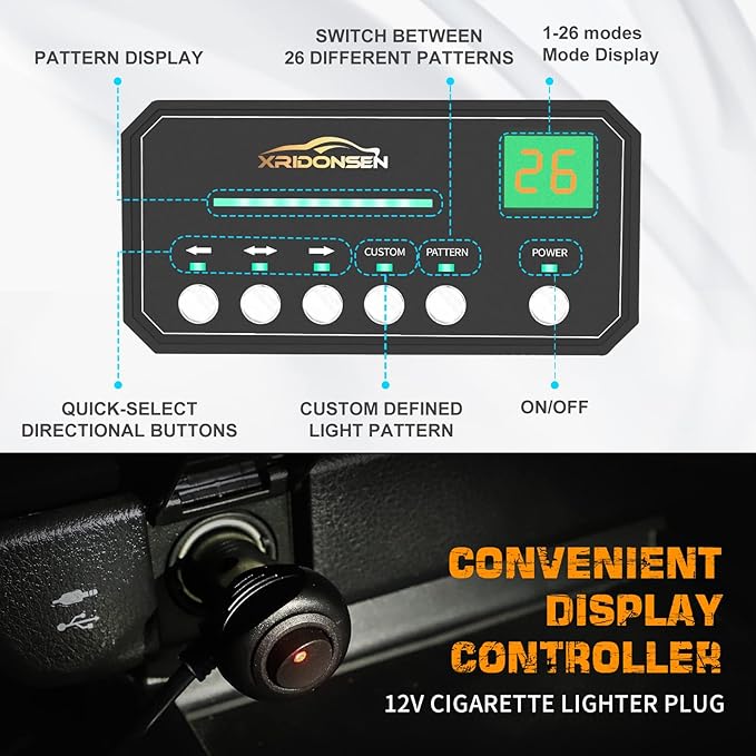 XRIDONSEN Green White Emergency Dash Strobe Lights Safety Flashing Warning Interior Front/Rear Windshield Deck Split Lights w/Digital Display Controller for Construction Vehicles Trucks (2x14 inch)