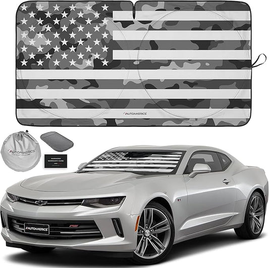 Autoamerics 1-Piece Windshield Sun Shade Gray Camo American Flag USA Design - Foldable Car Front Window Sunshade for Most Sedans SUV Truck - Blocks Max UV Rays and Keeps Your Vehicle Cool - Small