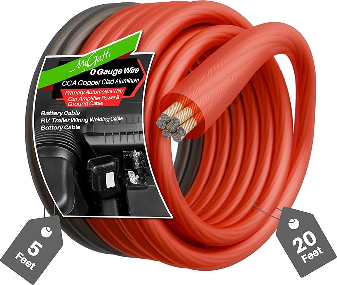 0 Gauge Wire (20FT Red and 5FT Black), Copper Clad Aluminum, Primary Automotive Wire, 1/0 Battery Cable, Car Amplifier Power & Ground Cable Kit, Car Audio Speaker, Amp, Translucent Jacket