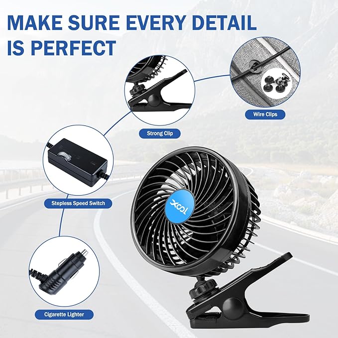 XOOL 12V 6'' Car Fan, Clip Fan 360 Degree Rotatable Car Fan Cooling Air Fan with Stepless Speed Regulation & Cigarette Lighter Plug for SUV, RV, Vehicles