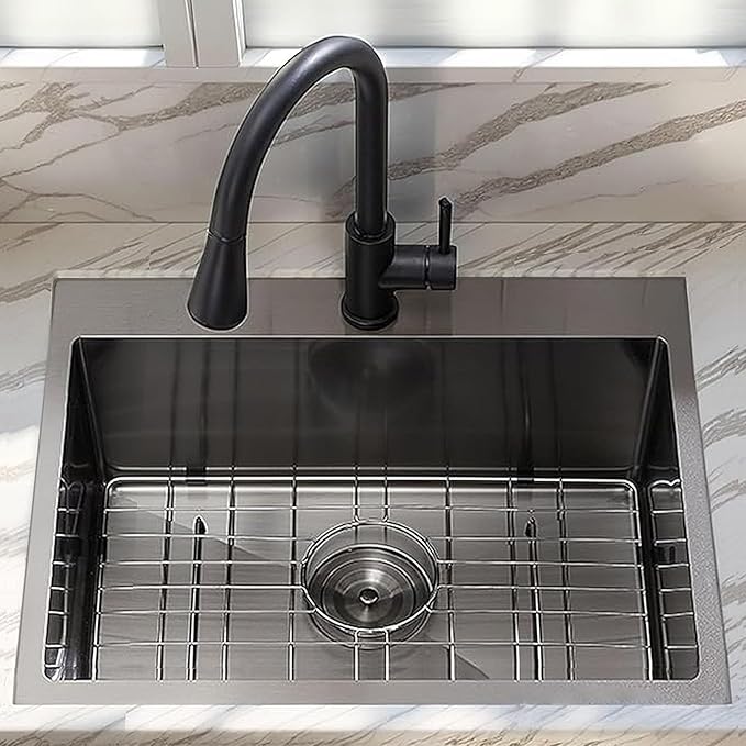 25x22 Drop in Kitchen Sink Black, 25 inch Gunmetal Black Stainless Steel Bar RV Laundry Utility Outdoor Small Sink Topmount Commercial Single Bowl