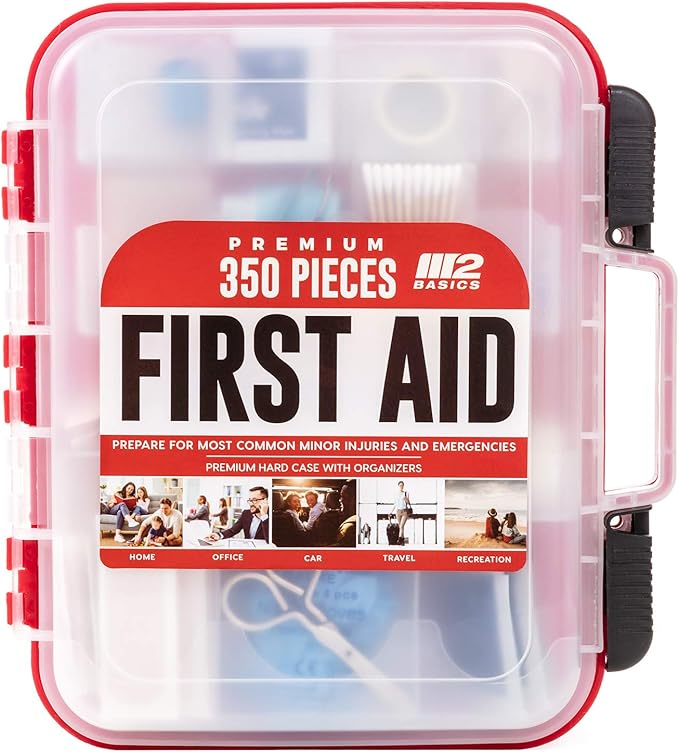 M2 BASICS Professional 350-Piece First Aid Kit – First Aid Kit for Car, Home, Office, Business & Vehicles – Organized Dual-Layer Wall-Mountable Hard Case, Emergency Medical, OSHA Workplace Safety