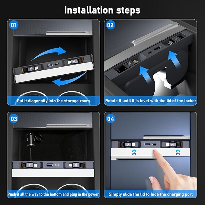 65W USB Charger Hub for Tesla Model Y Juniper 2025,2026 Accessories- 4-Port Fast Charging Hub with Sliding Cover, Retractable Phone Charger Hub, Docking Station for Tesla Model 3 Highland 2024-2026