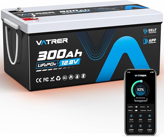 12V 300AH Bluetooth LiFePO4 Lithium Battery with Self-Heating, Built-in 200A BMS, Supports Low Temp Charging(-4°F), 5000+ Cycles, Max 2560W Power, Perfect for RV/Camper and Off-Grid Applications, etc.