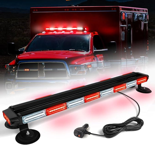34inch 166 LED Emergency Rooftop Strobe Lights Bar Flashing Safety Traffic Advisor Warning Hazard Snow Plow Light W/Magnet Base for Work Trucks Vehicles Construction Tow Pickup Red White