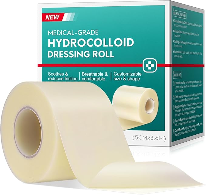 Medical Grade Hydrocolloid Roll (2in x 12ft) - Hydrocolloid Bandages & Tape for Blisters, Wound Care, Burns - Self-Adhesive, Waterproof, Flexible Bandage for Feet, Hands - Sterile First Aid Essential
