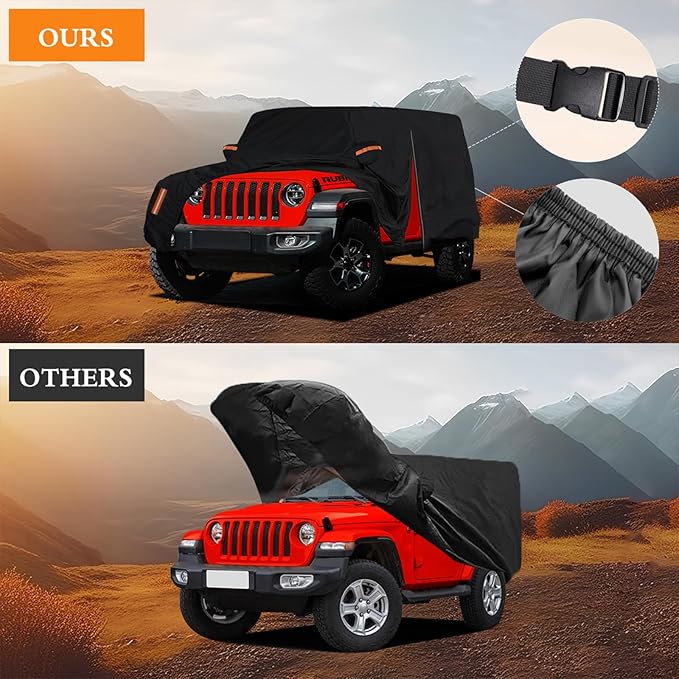 Waterproof Car Cover for Jeep Wrangler 2 Door 1987-2024 2025 JK JL TJ YJ CJ Sahara, Upgraded Outdoor Full Exterior Sun Rain Snow Hail Protection with Driver Door Zipper