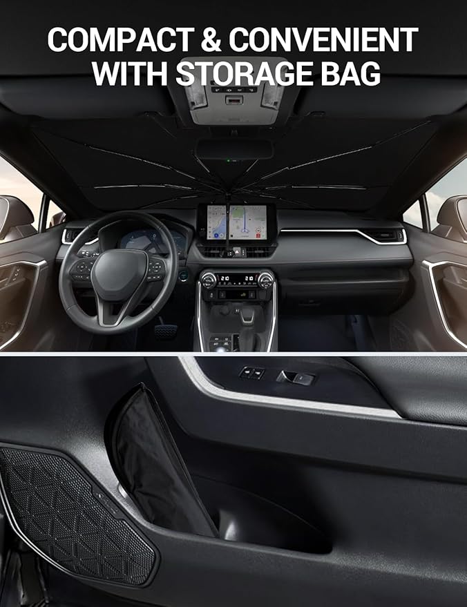 Proadsy Windshield Sun Shade Umbrella for Honda HRV HR-V 2024-2025 2026 Foldable Car Umbrella Sunshade with Soft TPU Handle Spring Structure Crystal Cooling Material Protect Car from Rays & Heat